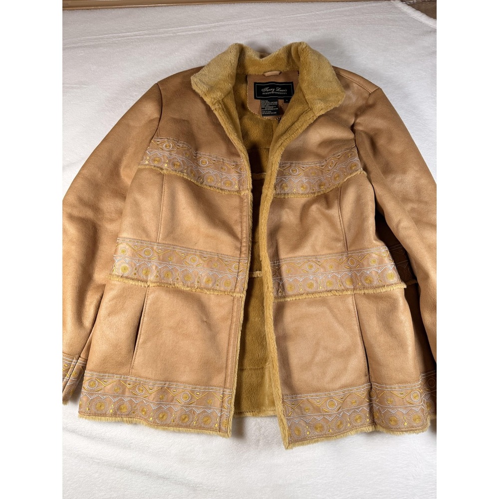 Terry Lewis Coat Womens Medium Brown Faux Shearling Embroidered Boho Jacket